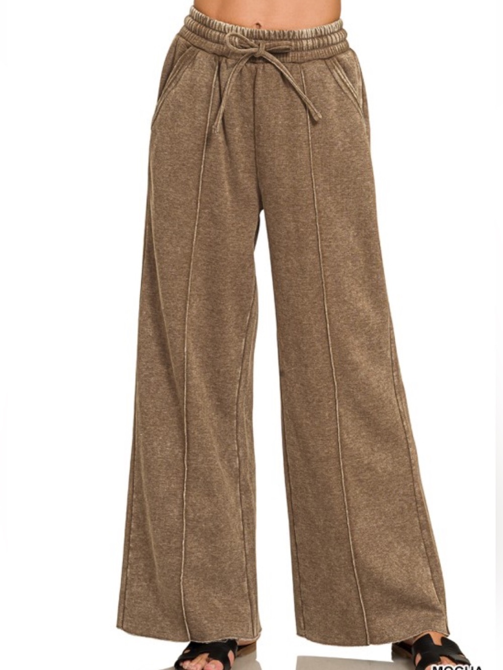 Zenana Wide Leg Drawstring Fleece Pants- Mocha